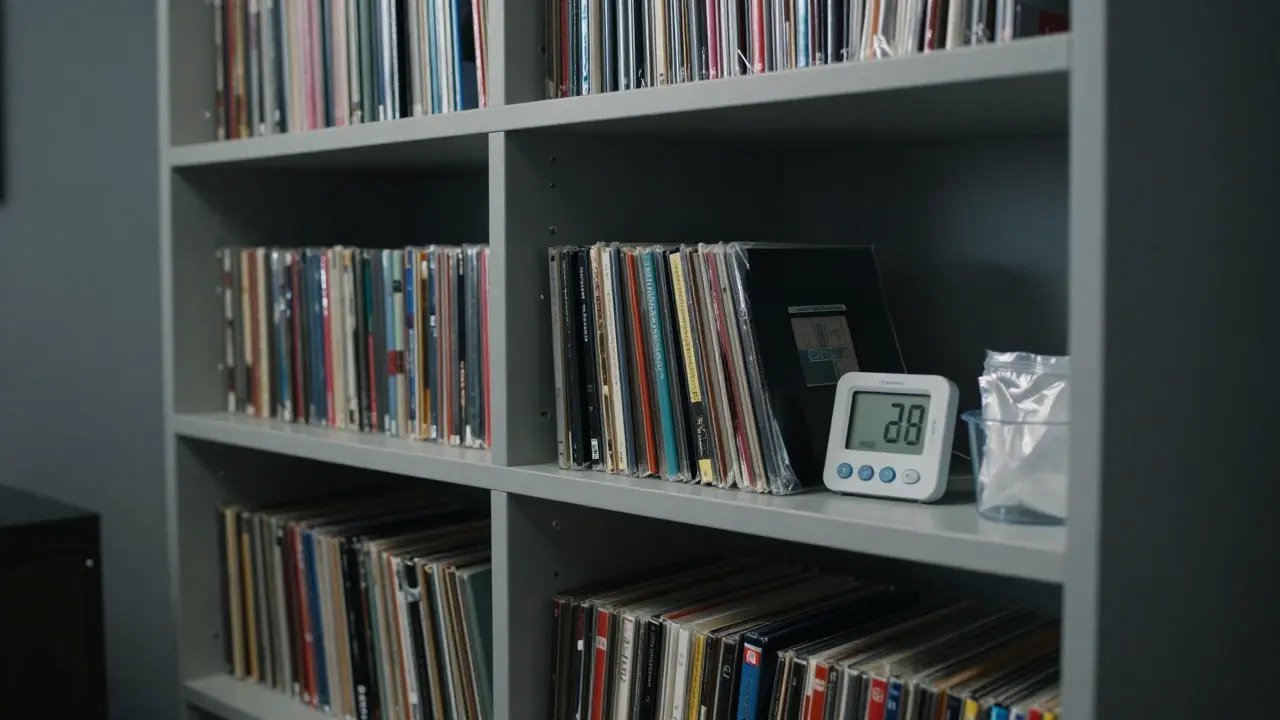 Organized retro game storage cabinet with vertical cases, hygrometer, and silica gel packets