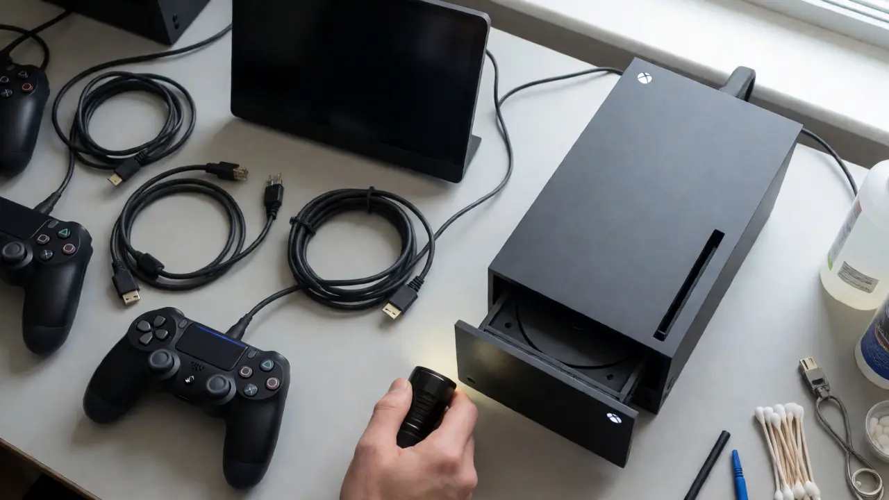 Overhead view of checking Xbox ports and eject mechanism with a flashlight