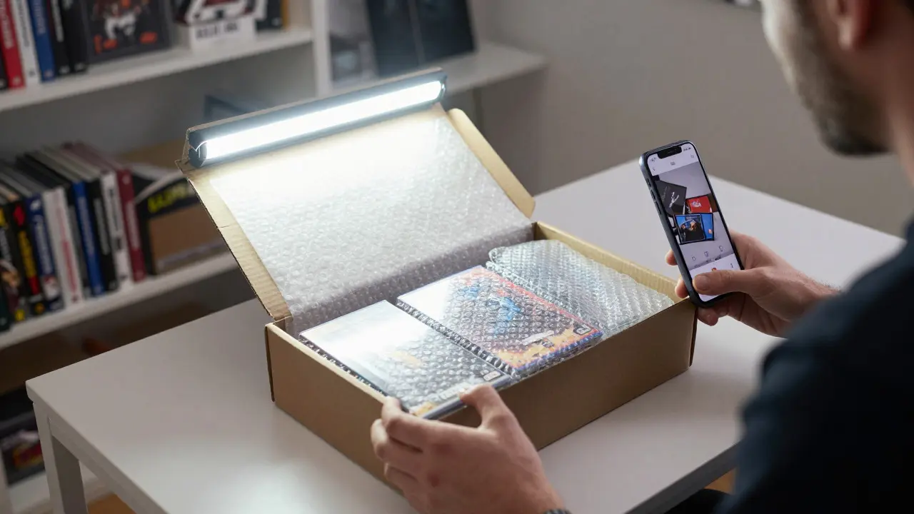 Person inspecting a rare video game inside an open shipping box