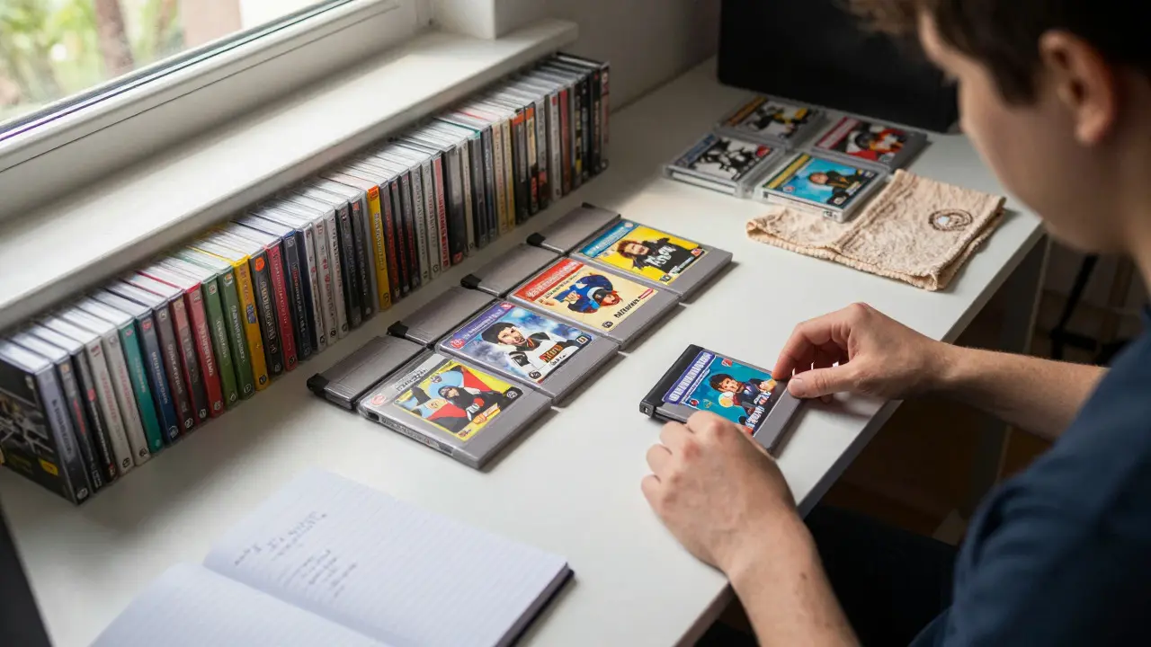 Person organizing and cleaning a collection of video games on a desk