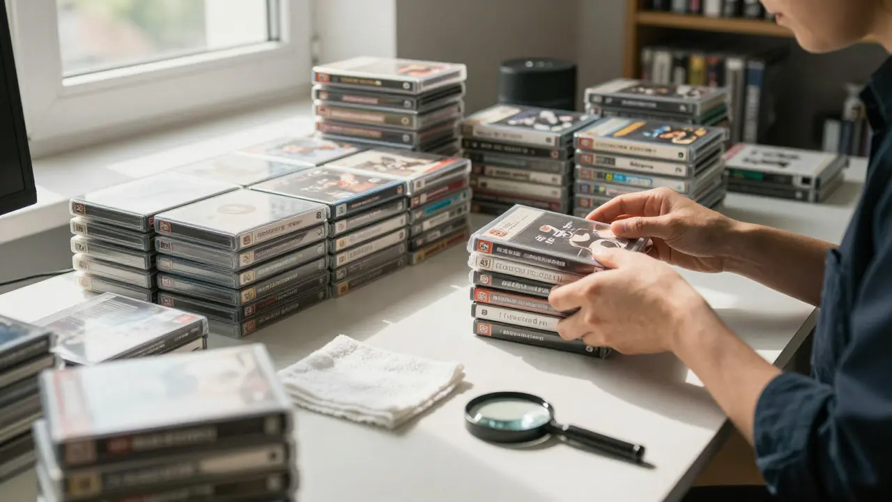 Person organizing and cleaning video game cases on a desk in a bright room