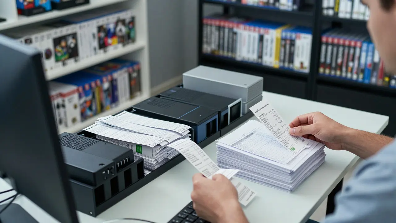Person organizing game inventory and receipts in an office