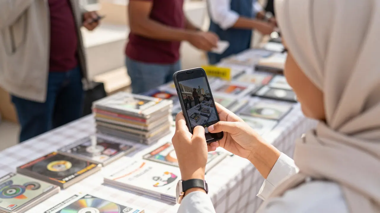 Person photographing video game items at an outdoor flea market table