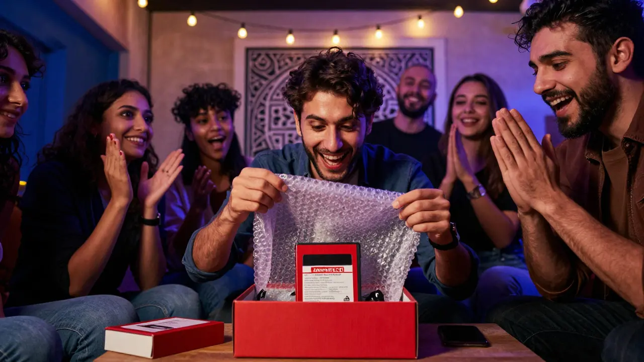 Person reacting with joy while revealing a rare video game cartridge at a local collector meetup