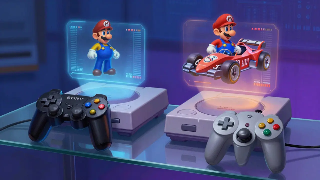 PlayStation and N64 controllers with holographic 3D game projections