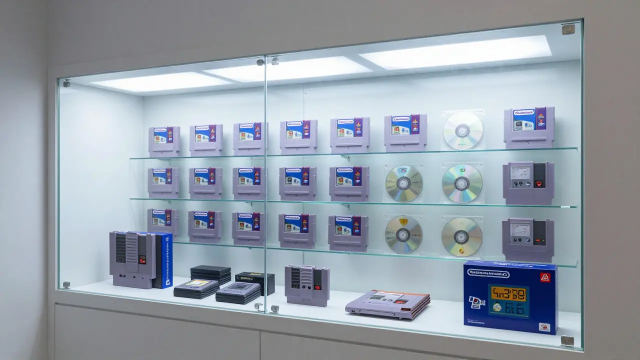 Preserved video games stored in a climate-controlled display case
