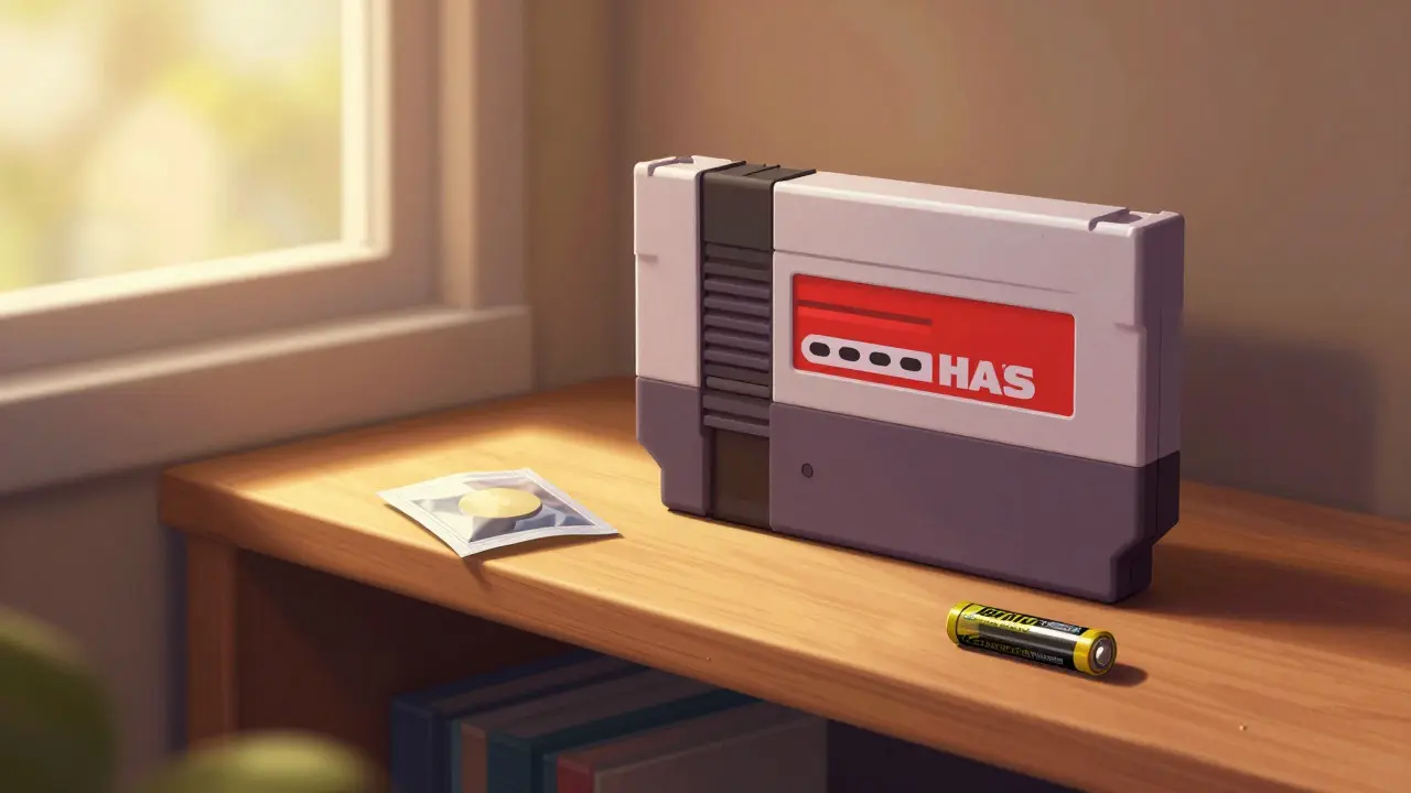 Restored NES cartridge stored with desiccant pack in warm light