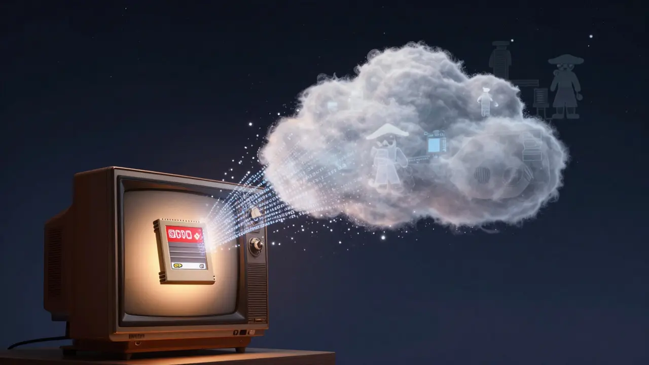 Retro game cartridge turning into digital code flowing into a cloud storage icon