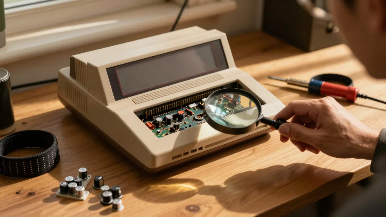 Retro game console repair workspace with tools and warm lighting