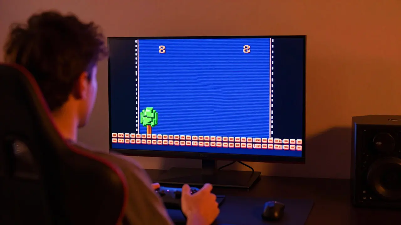 Retro game displayed with crisp pixels and scanlines on a modern TV screen
