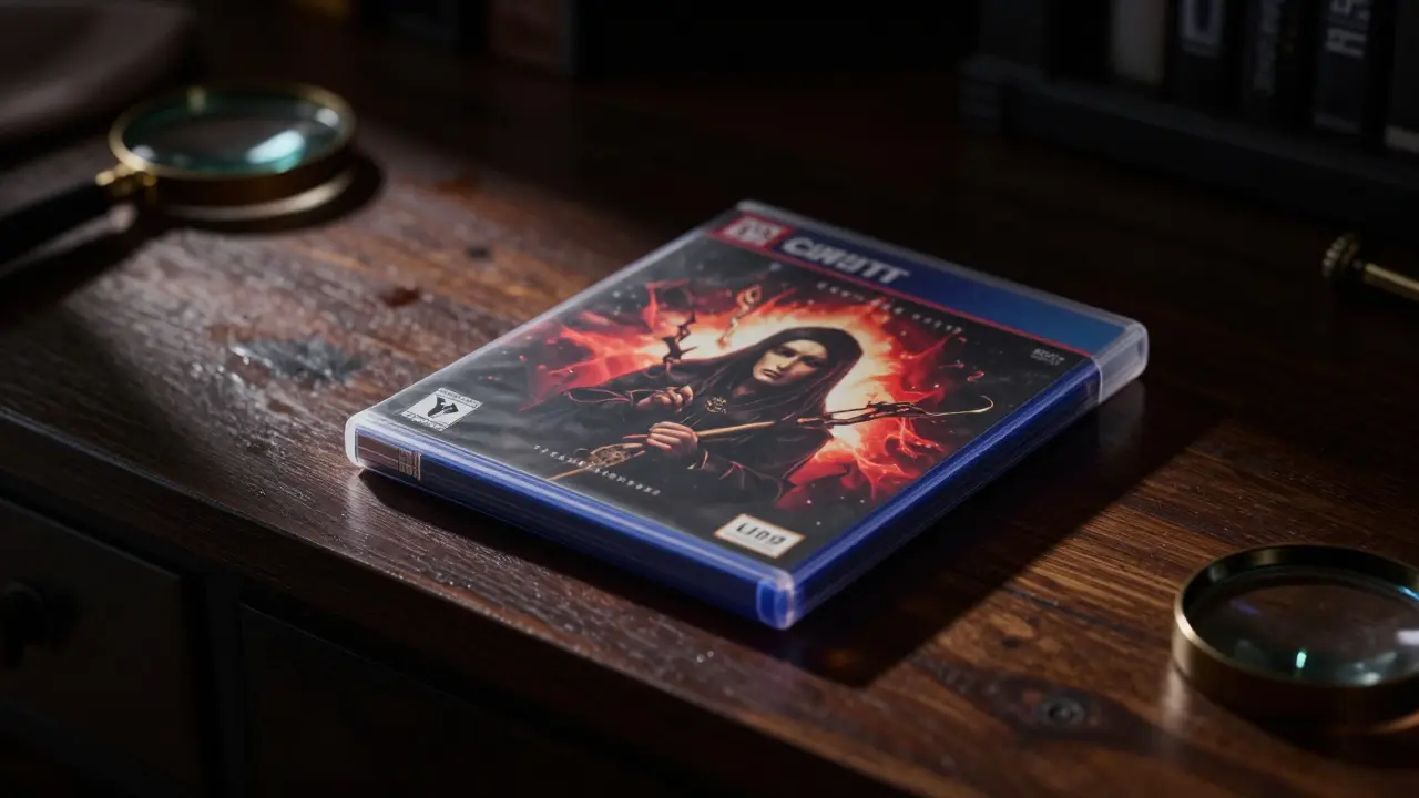 Sealed video game case displayed under dramatic lighting on a collector's desk