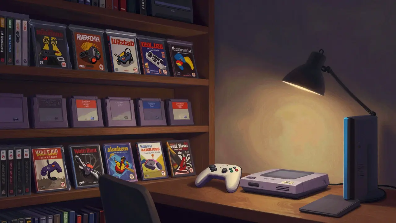 Shelf of protected game cartridges and a glowing console