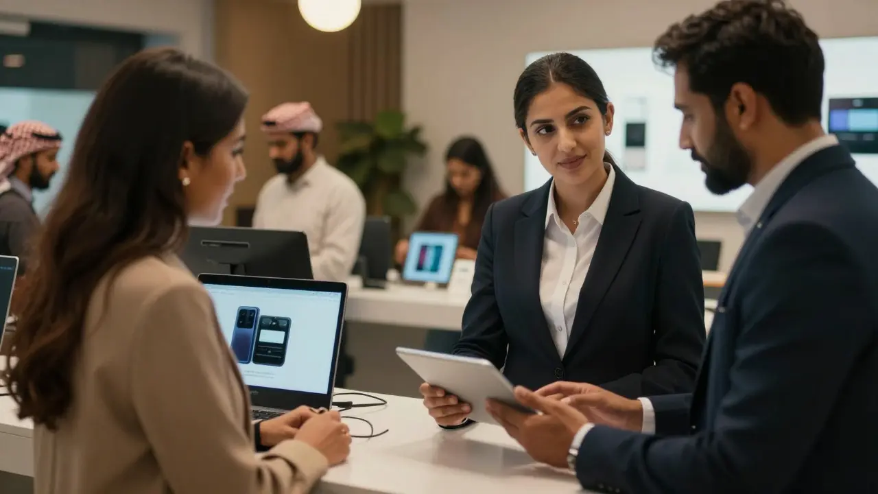 Shopper discussing price match with manager at retail counter