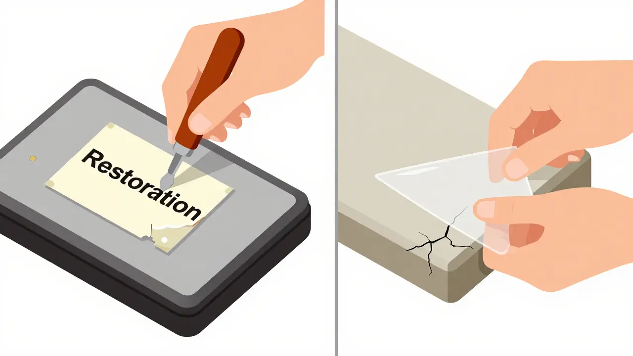 Split illustration comparing restoration actions versus conservation methods