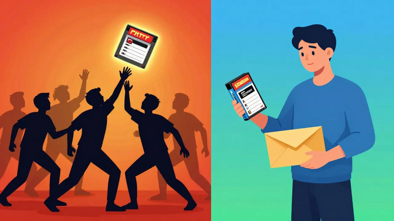 Split illustration contrasting the chaos of competitive auctions with the calm of fixed-price sales