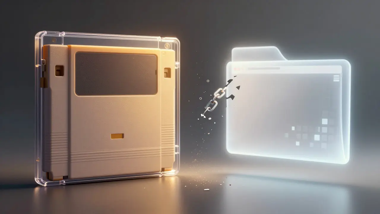 Split image showing a safe game cartridge next to a dissolving digital file