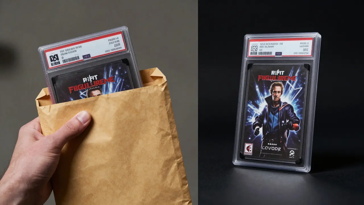 Split screen comparing a raw game in an envelope versus a graded slab