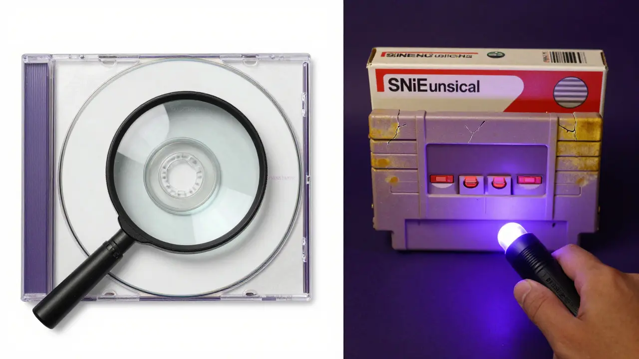 Split view comparing optical scratches on a disc case and UV-revealed yellowing on a cartridge