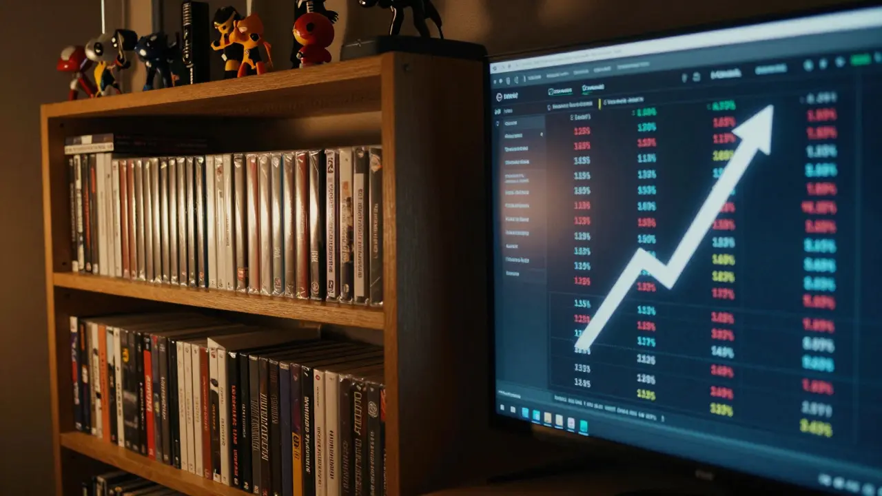 Split view of a game collector's shelf and rising market prices