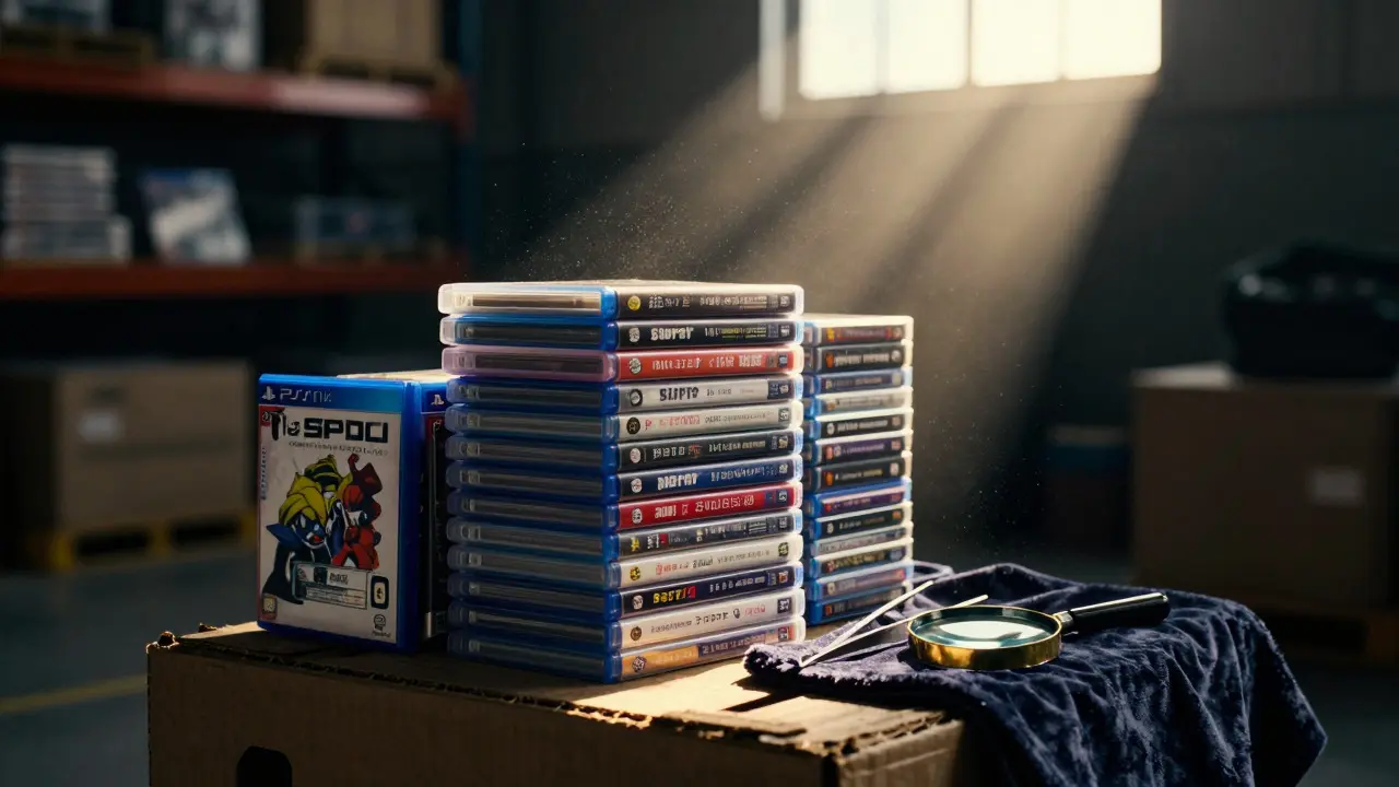 Stack of imported game cases in a beam of light with inspection tools nearby