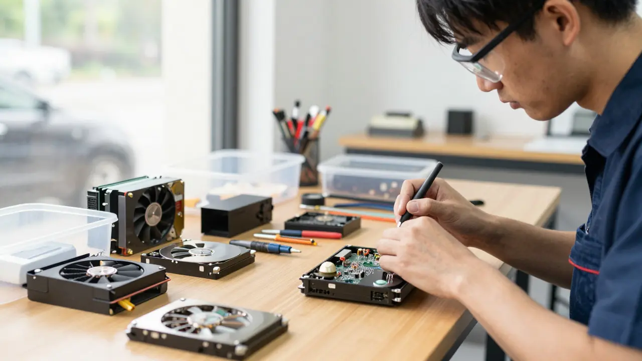 Technician repairing a game console inside a professional independent shop