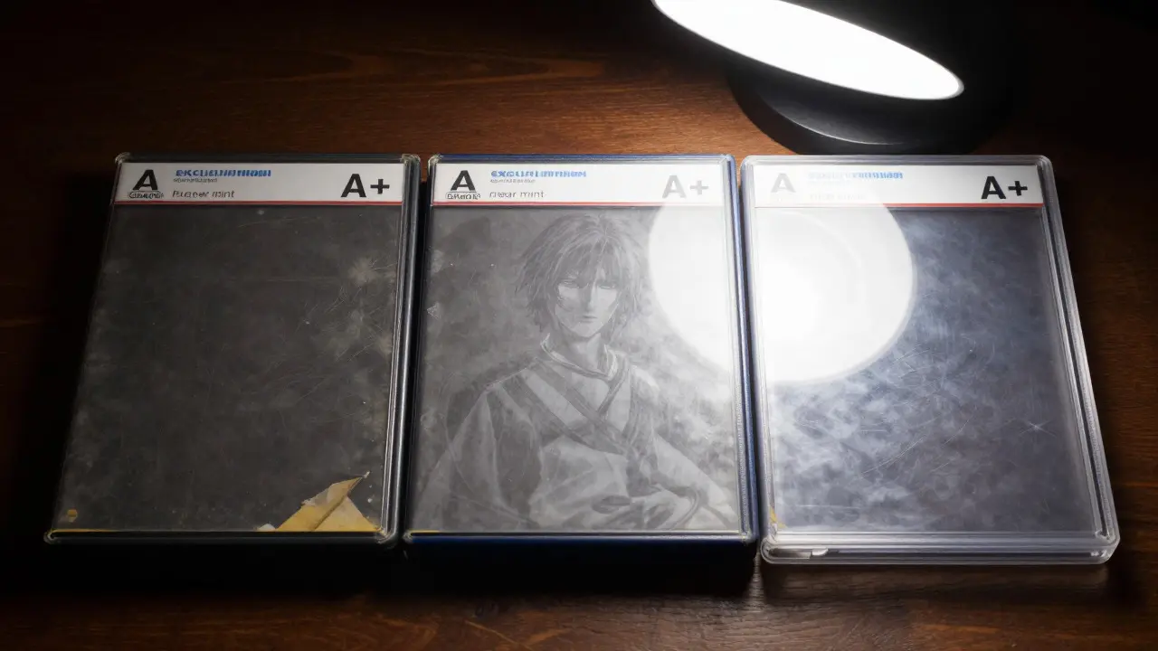 Three video game cases displayed under a lamp showing different levels of wear and condition