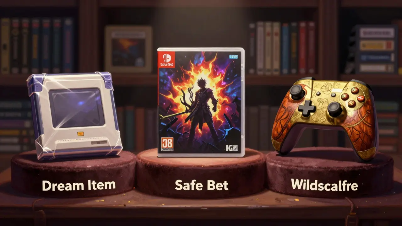 Three video game gifts displayed on stands representing dream, safe, and wildcard wishlist tiers