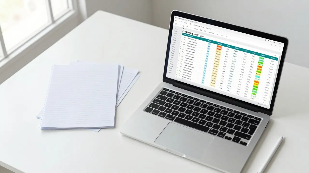 Top-down view of a laptop showing a spreadsheet used for cleaning game collection data
