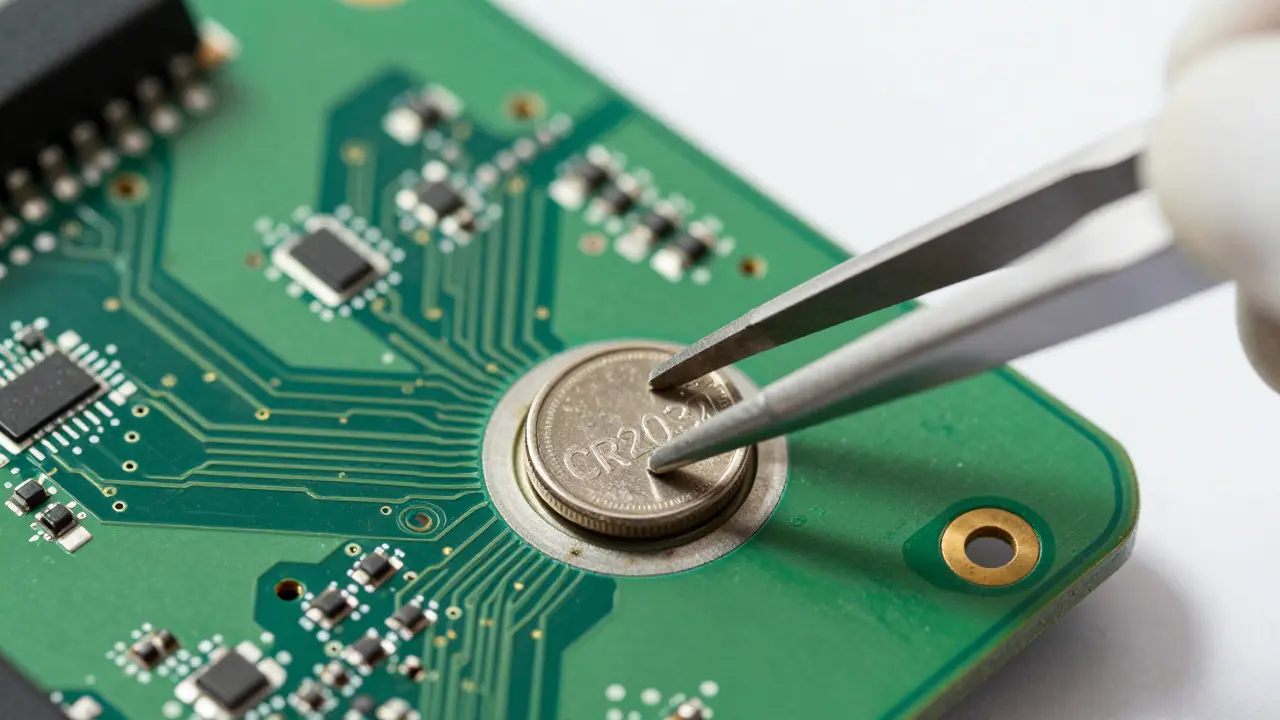 Tweezers removing a coin cell battery from an SNES circuit board