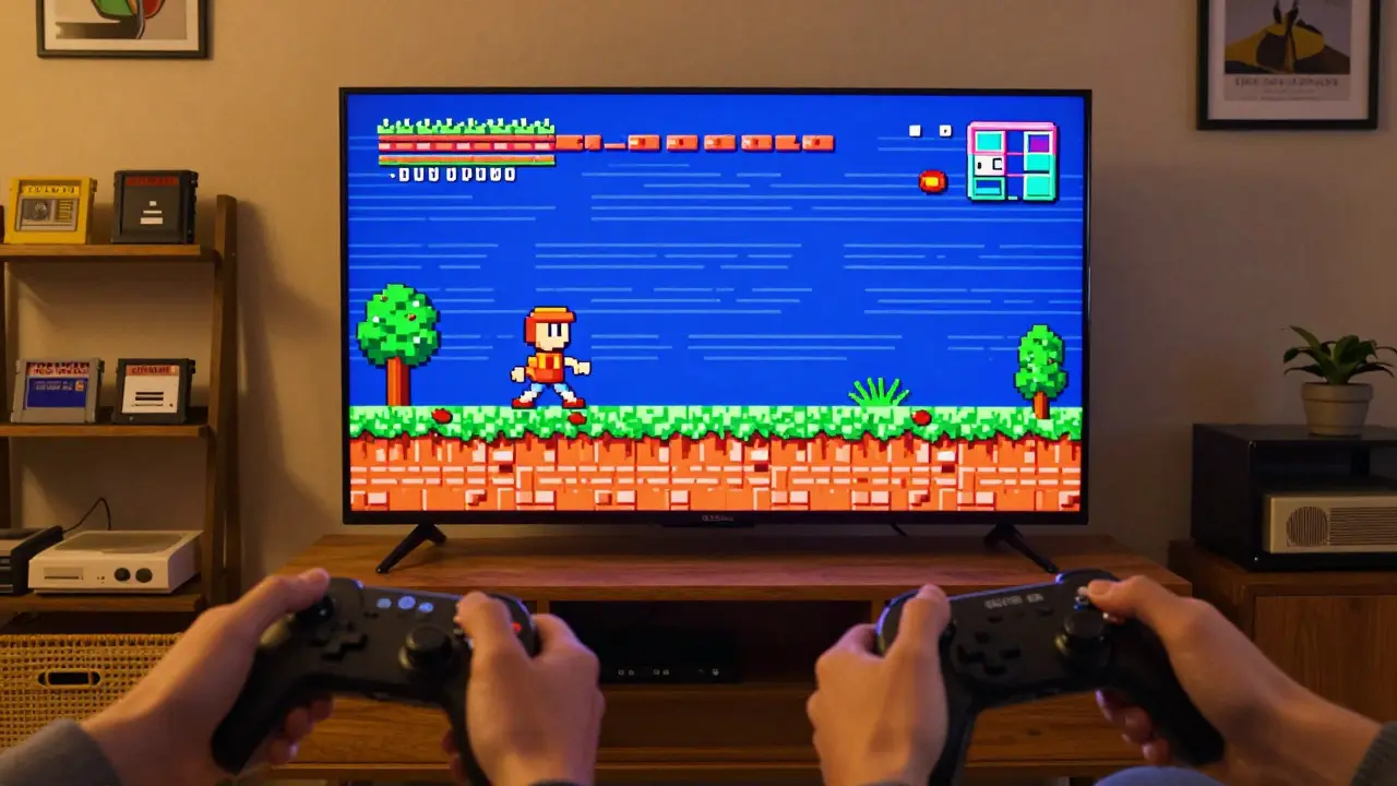 Two players holding controllers while watching a retro game with scanlines on a TV