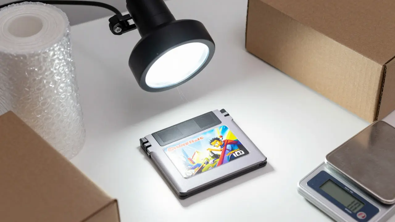 Video game cartridge under bright inspection light revealing scratches