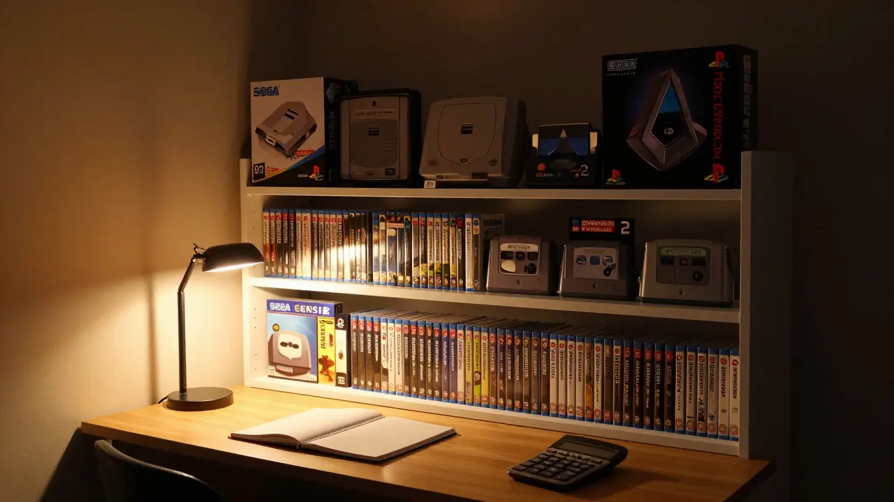 Well-organized home game collection shelf illuminated by a warm desk lamp at night