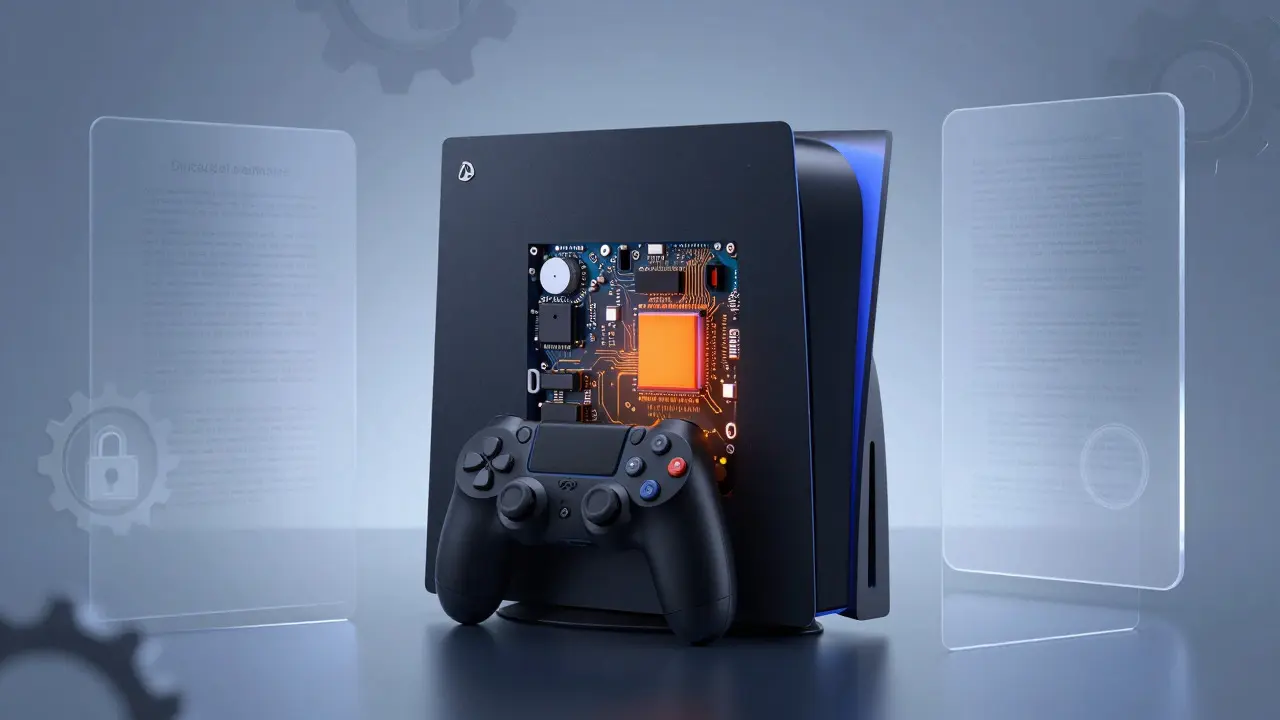 X-ray style illustration of a modern sealed game console interior