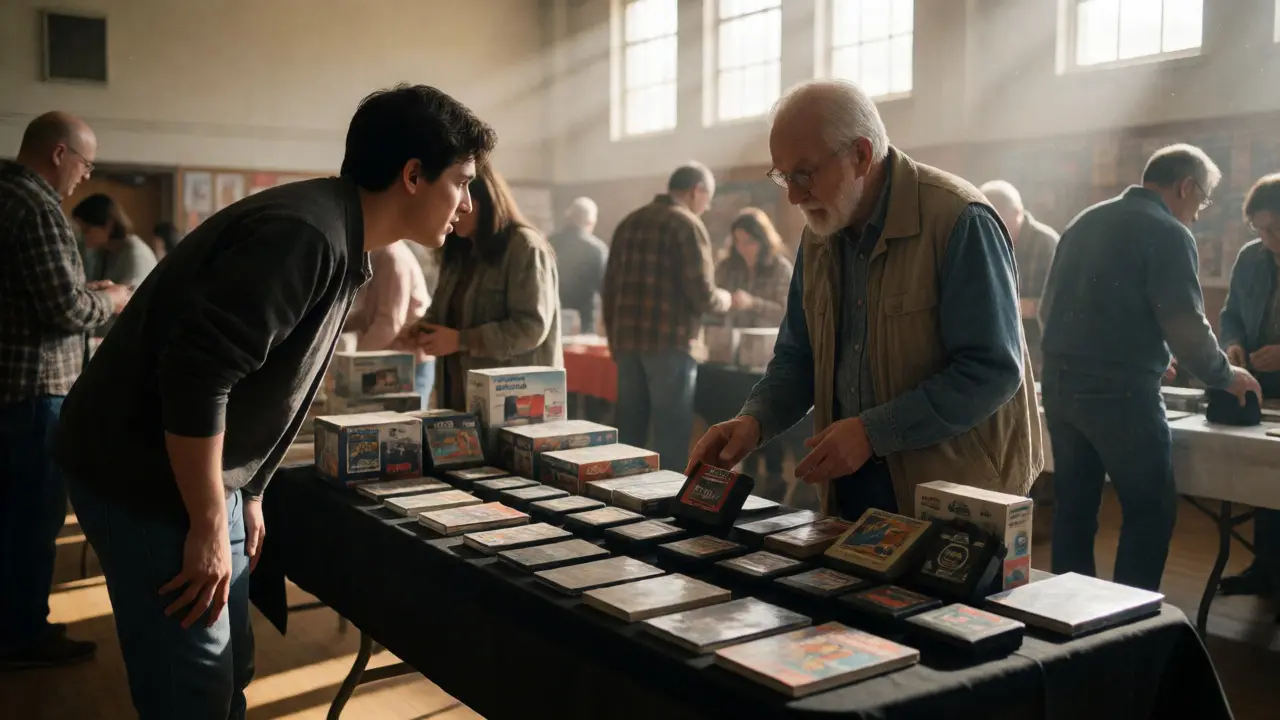 Young collector asking questions at a local retro gaming swap meet table.