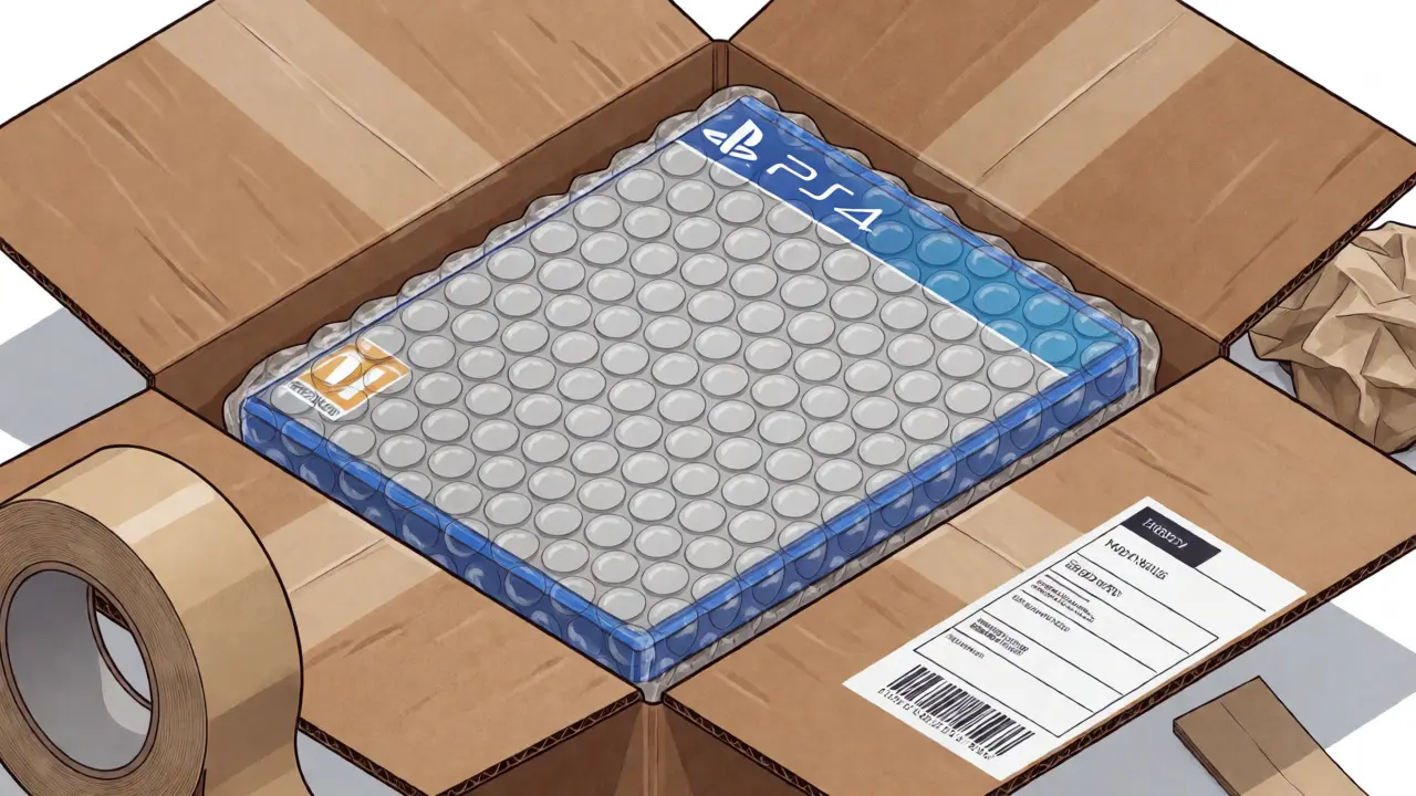 A bubble-wrapped game case being packed into a rigid mailer.