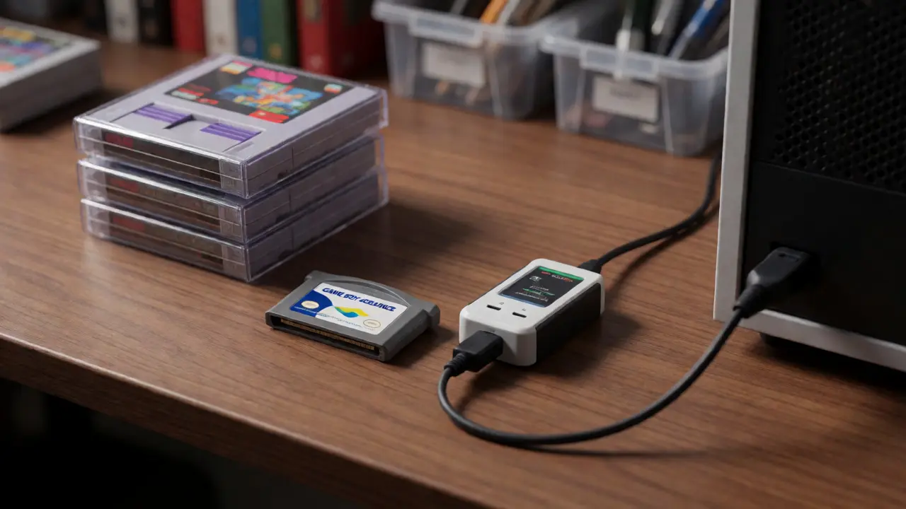 A Game Boy Advance cartridge connected to a USB dumper on a collector's desk.
