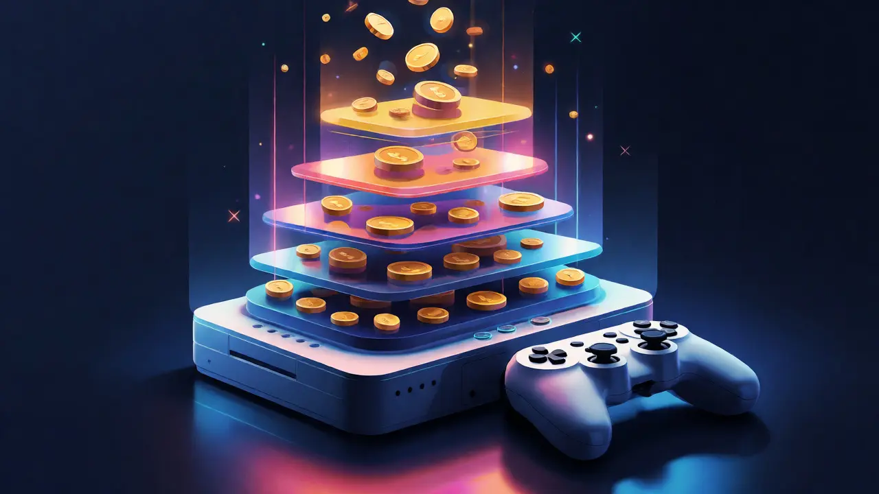 Abstract digital art showing console parts transforming into rising gold coins