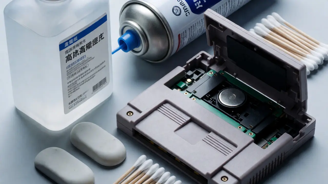 Cleaning supplies and open SNES cartridge arranged on a workbench