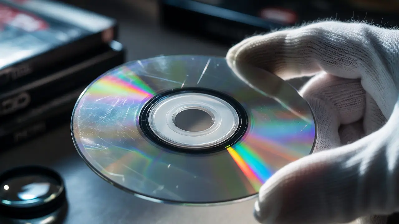 Close-up inspection of a scratched video game disc under bright light