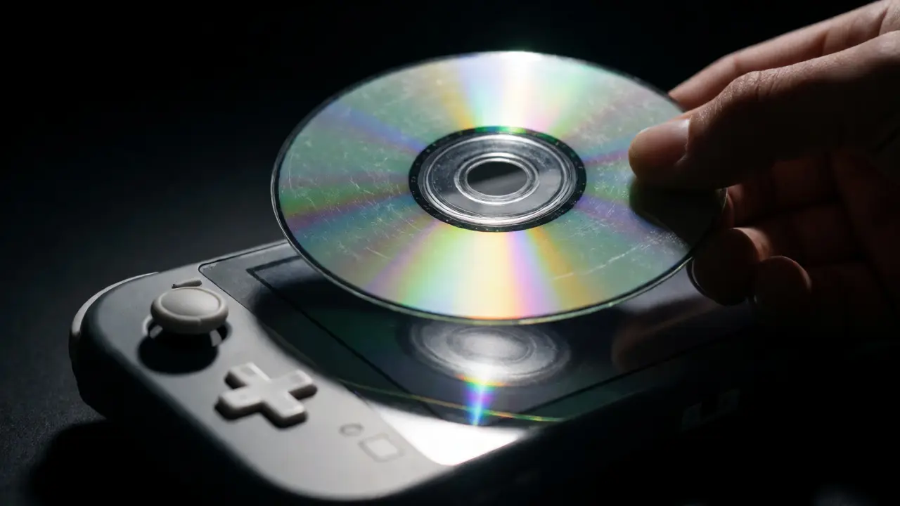 Close-up inspection of a video game disc for scratches under bright light