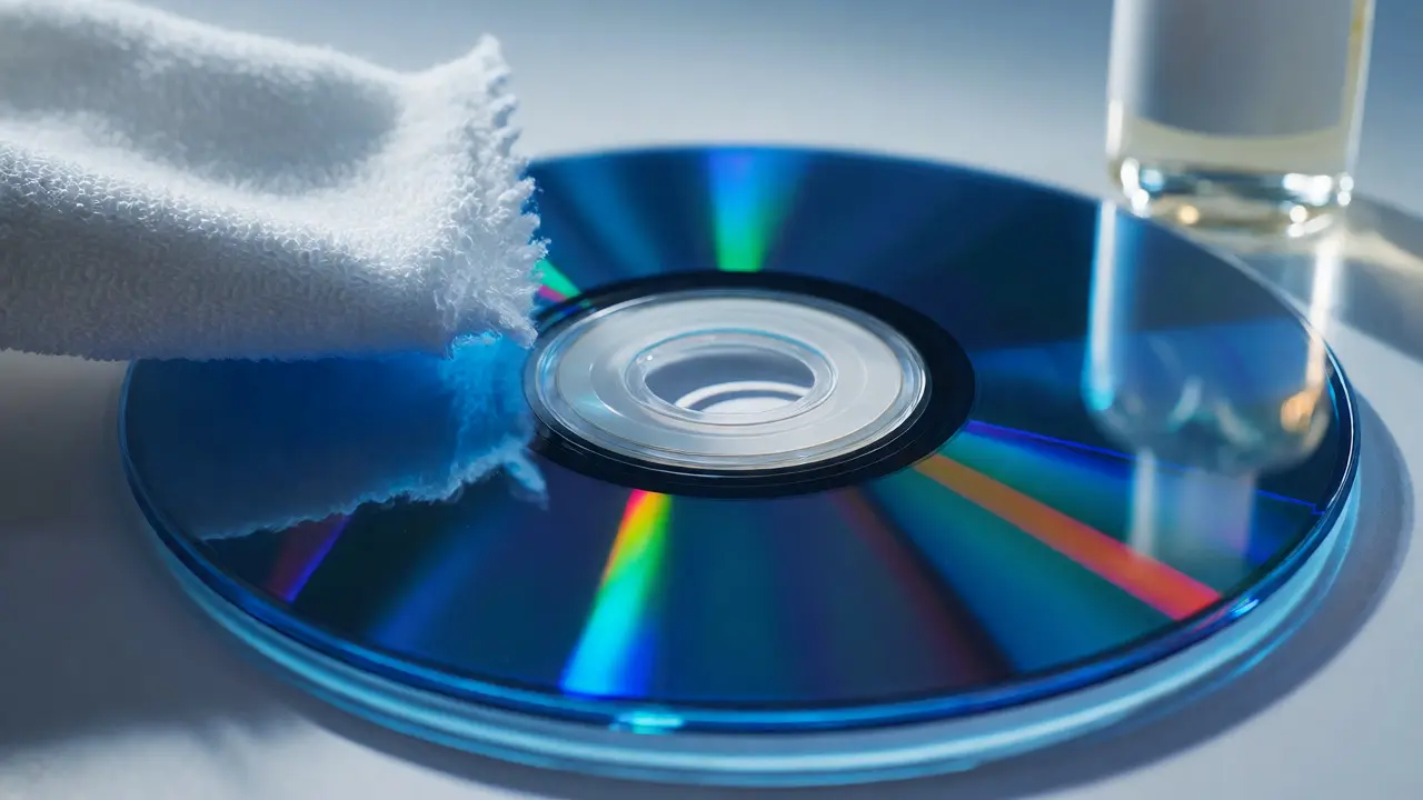 Close-up of a Blu-ray disc being cleaned with a microfiber cloth