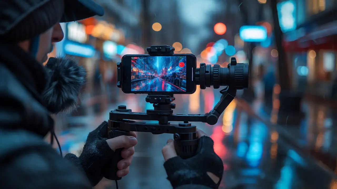 Close-up of phone on stabilizer rig with mic in rain
