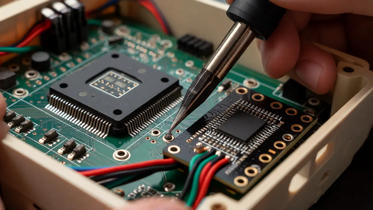 Close-up of soldering an HDMI mod board onto a SNES motherboard