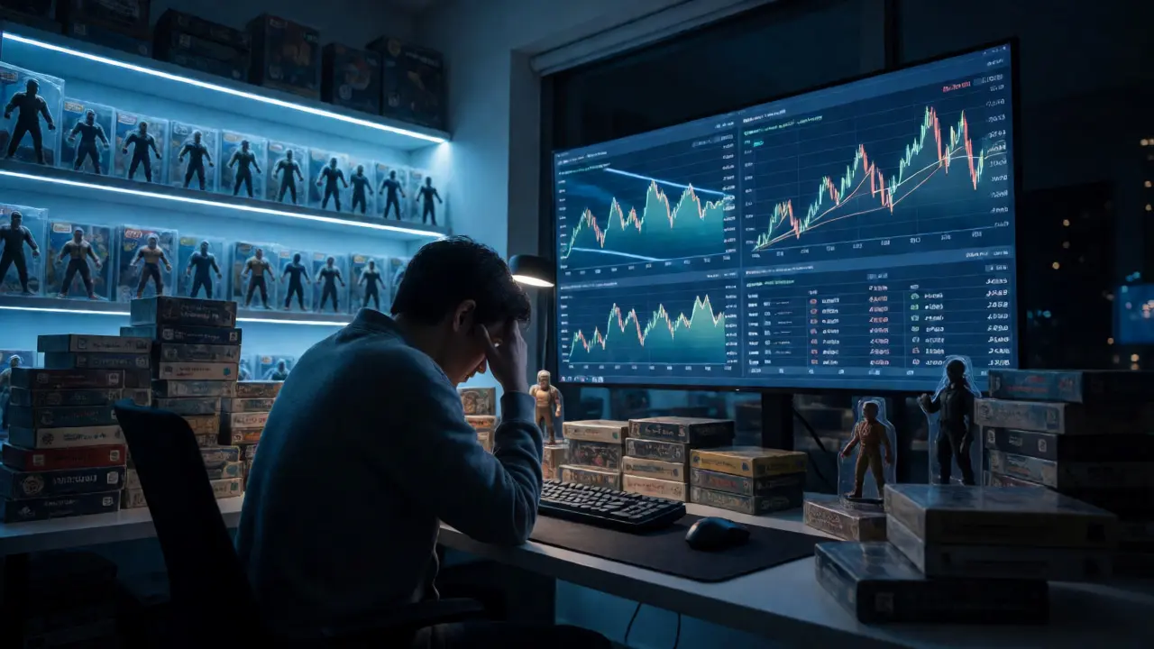Collector analyzing AI pricing algorithms on a monitor in a neon-lit room.