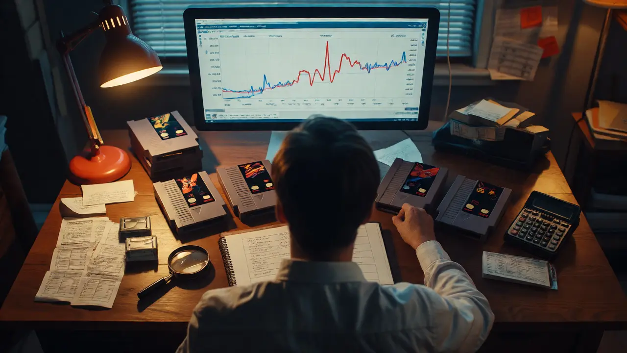 Collector analyzing price graphs on a monitor with vintage NES games on a desk.