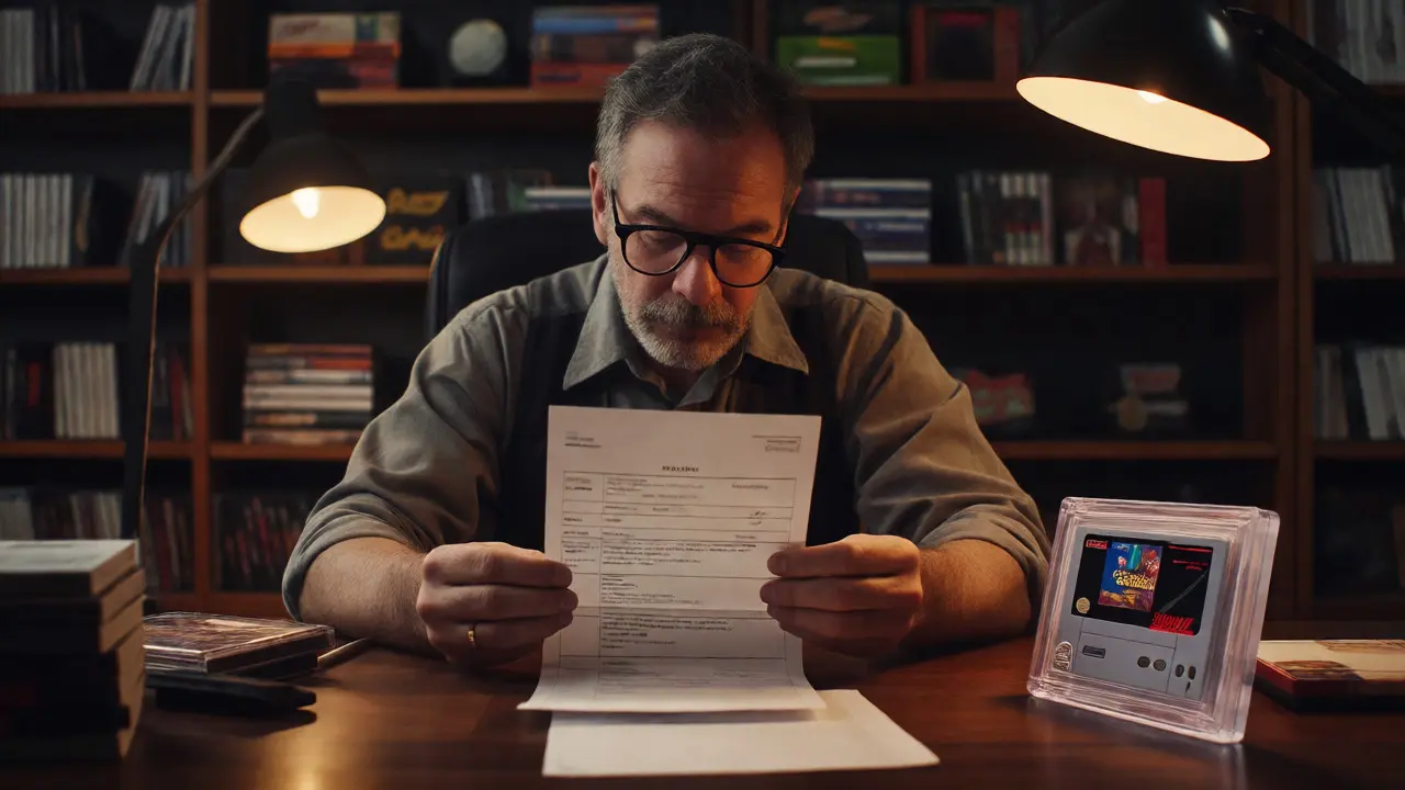 Collector reviewing invoice next to graded Chrono Trigger game
