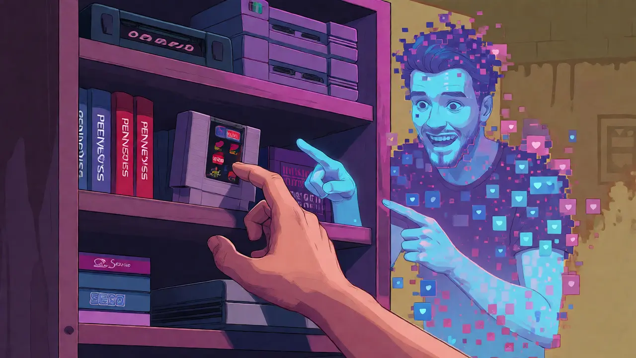 Conceptual art of a real hand inspecting a game cartridge amidst pixelated social media figures.