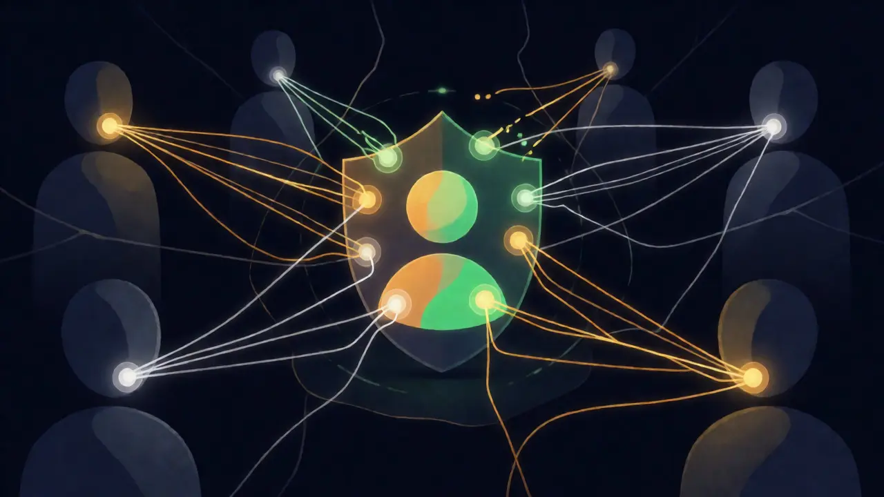 Conceptual digital art showing glowing network threads connecting user profiles as vouches