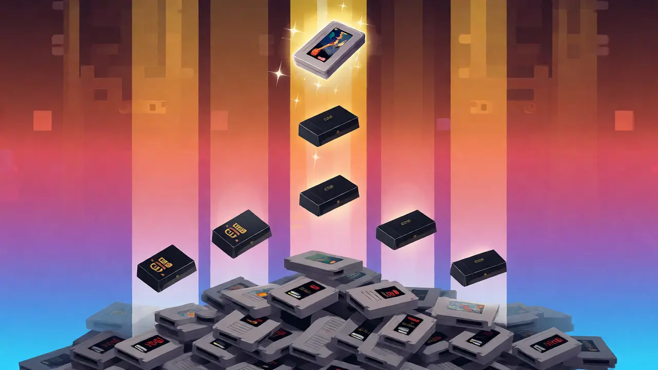 Conceptual illustration showing NES game rarity tiers from common piles to sealed grails.