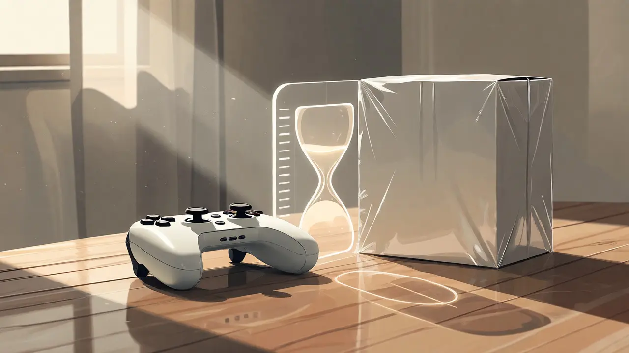 Conceptual image of a game box and controller separated by a glowing time barrier